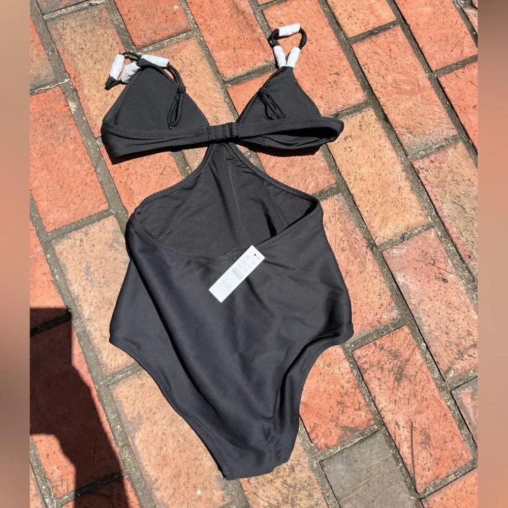 J Crew Ribbed Cut Out One Piece Swimsuit with Pearls NWT